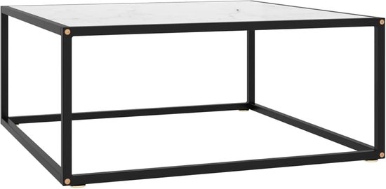 Salontafel zwart met wit glas in marmer-look, bijzettafel, koffietafel, nachtkastje, woonkamertafel voor woonkamer, slaapkamer, 80 x 80 x 35 cm