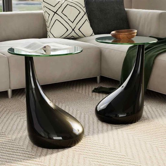 Salontafels met ronde glasplaat hoogglans zwart, bijzettafels druppelvorm sokkel voor woonkamer, stabiele plaat van gehard glas, modern interieur, 2 stuks