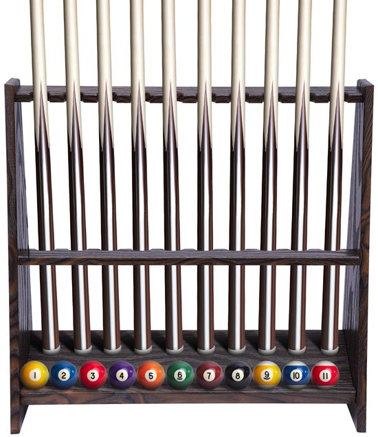 Sensova 10-Gats Verticale Keu Houder Vloerrek voor Biljartkamer of Club – Stevige Bruine Pool Cue Rack van Dichtheidsplaat met 35 mm Openingen, 60 cm Hoog, Ruimte voor 10 Keuen en Accessoires, Retro Houtlook Design