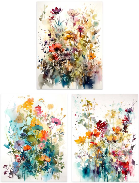 Set of 3 A4 Wildflowers Colourful Watercolour Floral Artworks Spring Flower Field Unframed Wall Art Living Room Poster Prints Pack