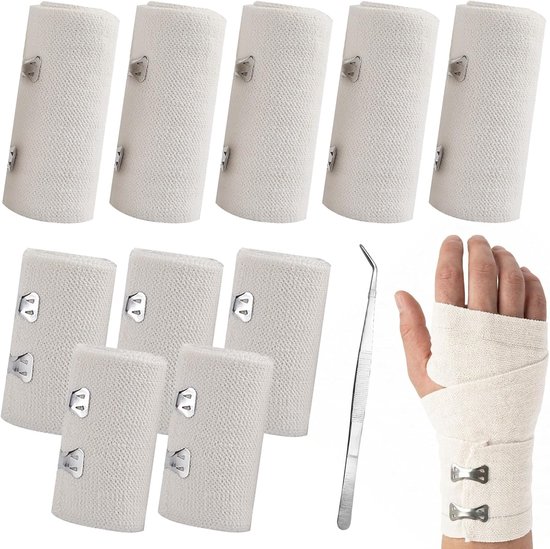 Set van 10 Elastische Verbanden met Metalen Clips en 1 Pincet voor Verstuikingen van Pols, Enkel en Knie, Wondverzorging en Sportblessures
