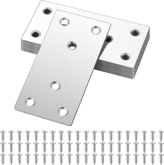 Set van 10 platte rechte reparatieplaten van roestvrij staal voor meubelondersteuning en verbindingselementen - 80 x 40 mm