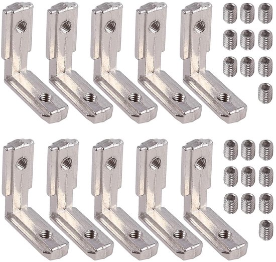 Set van 10 T-beugels voor binnen - Aluminium profiel 2020 - Groef 6 M4 - Buitenhoek van zinklegering - 90° klemmen - L-vorm - Binnenhoekconnector - Connector