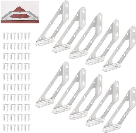 Set van 10 triangulaire hoeksteunen voor meubels, roestvrijstalen hoekverbindingen voor planken, kasten en tafels