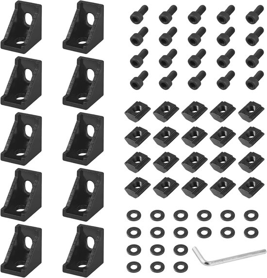 Set van 10 zwarte aluminium hoekbeugels uit de 2020-serie - 90-graden L-vorm extrusieconnectoren met M5x10 zeskantbouten en T-moeren voor 2020-profielen (6 mm sleuven)