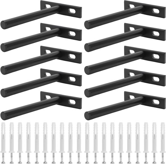 Set van 10 Zwarte T-vormige Planksteunen van 4 Inch voor Wandmontage van Houten Planken, Stevig en Duurzaam, Ideaal voor Thuisdecoratie en Opslag