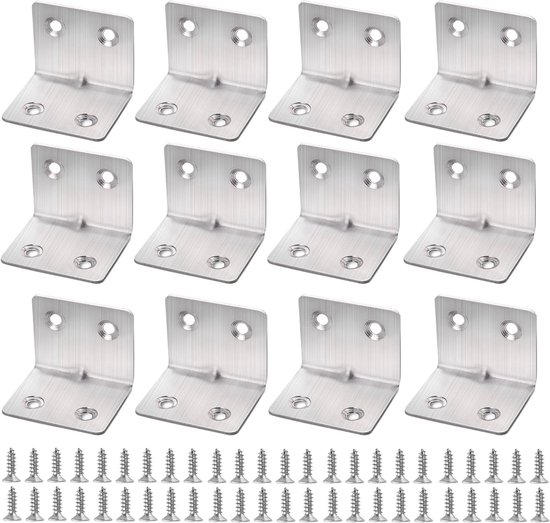 Set van 12 Hoekbeugels 30×30×38mm, RVS L-vormige Beugels, 90 Graden Hoekbeugels met 48 Schroeven, Stevige Hoeksteunen voor Houten Meubelverbindingen en Klussen