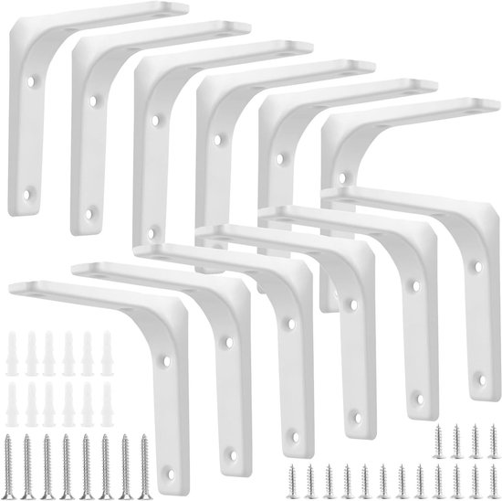 Set van 12 Hoeksteunen voor Planken, Wit, 10 cm, Metalen Steunen, 90 Graden, Wandplank Ondersteuning, Hoekplank Steunen, Plankbevestiging