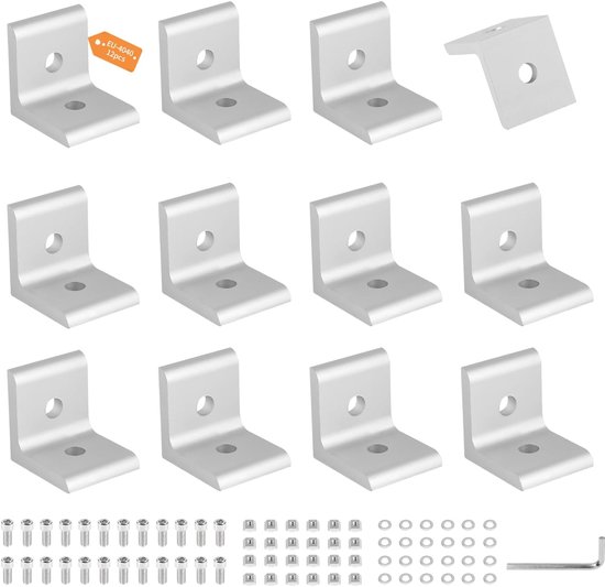 Set van 12 stuks aluminium hoekbevestigingsmateriaal, set, 40 x 40, 40 x 80, groef, 8 hoekverbindingen, rasterstangen, aluminium profiel met schroef en inbussleutel voor aluminium profiel