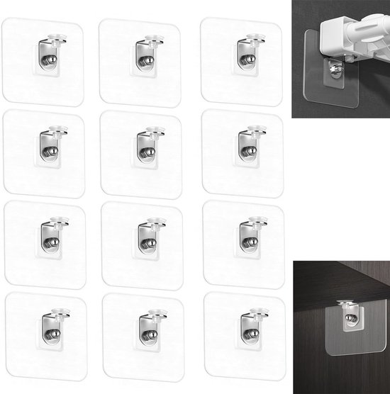 Set van 12 Zelfklevende Planksteunen zonder Boren, RVS en PVC, 6 x 6 x 0.1 cm, Maximaal Gewicht met Mini Zuignappen voor Kasten en Boekenkasten