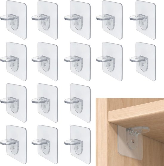 Set van 16 Transparante Planksteunen met Zelfklevende Haakjes voor Kasten en Planken, Ideaal voor Organisatie en Ruimtebesparing