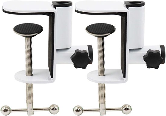 Set van 2 bureauklemmen - verstelbare metalen C-klem met 1/2 draadgaten voor desktopmicrofoonstandaard, lamp en camera | Heavy Duty witte klemvoet