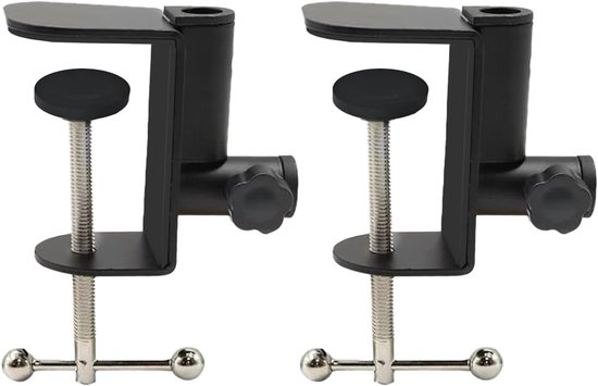 Set van 2 bureauklemmen - verstelbare metalen C-klem met 1/2 draadgaten voor desktopmicrofoonstandaard, lamp en camera | Heavy Duty zwarte klemvoet