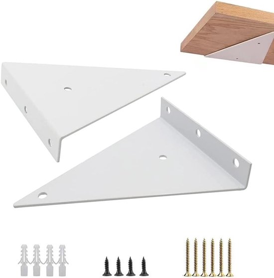 Set van 2 Driehoekige Wandplanken Steunen, Verborgen Plankhouders voor Boeken en Keuken, Met Schroeven en Wit Afwerking