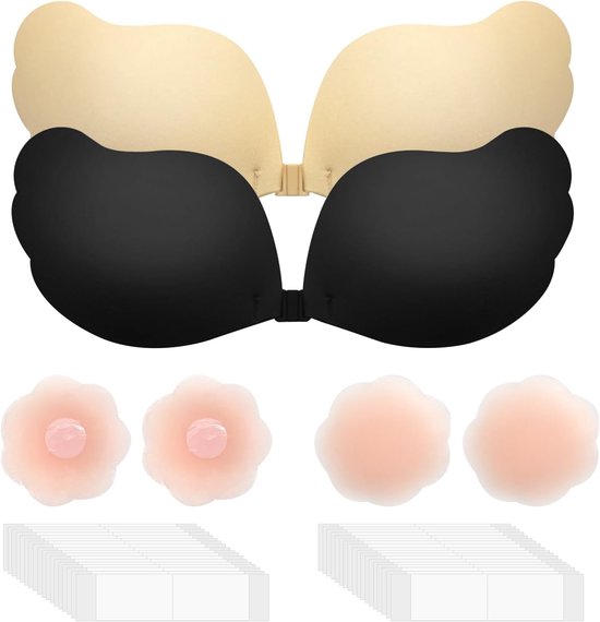 Set van 2 Herbruikbare Zelfklevende Push Up Bh's - Rugloze en Onzichtbare Silicone Bh met 4 Borstpads en 36 Klevende Strips voor Trouwe Jurk, Cup A