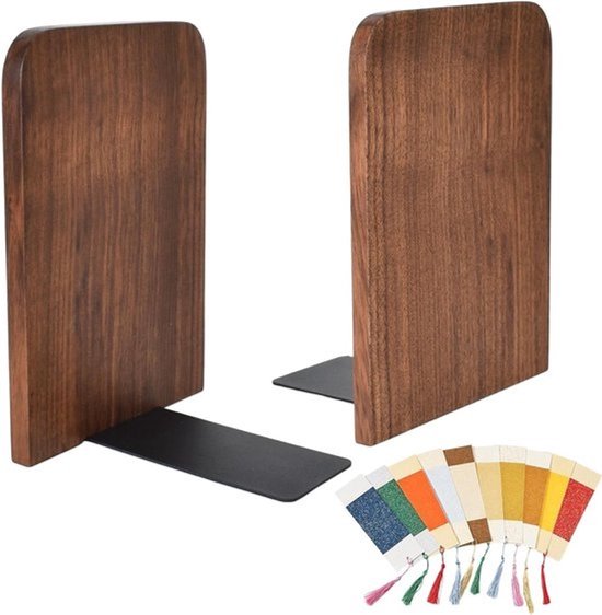 Set van 2 houten boekensteunen met metalen basis - Decoratief, stevig en antislip voor boeken, cd's en planken - Inclusief 10 boekenleggers