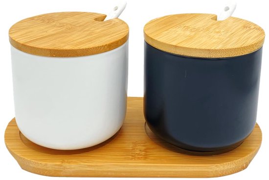 Set van 2 keramische kruidenpotjes, zoutpot, hoogte 10 cm, keramische suikerpot, kruidenpotjes met lepel en deksel voor thee, suiker, zout, specerijen, koffie (zwart en wit)