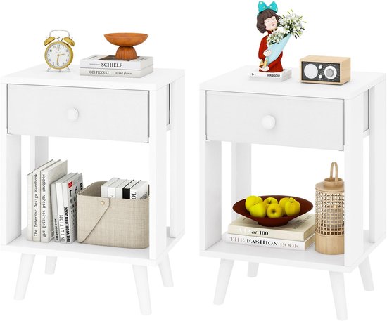 Set van 2 nachtkastjes, bijzettafel, nachtkastje, stoffen lade, open rek, massieve houten poten, modern, eenvoudige structuur, voor slaapkamer, woonkamer, wit HST012W-2