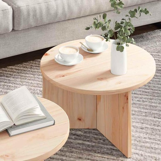 Set van 2 rond - massief grenen naturel, 49 x 49 x 28 cm & 36 x 36 x 40 cm, nestbaar, kindveilig, voor woonkamer, kleine ruimtes en moderne inrichting