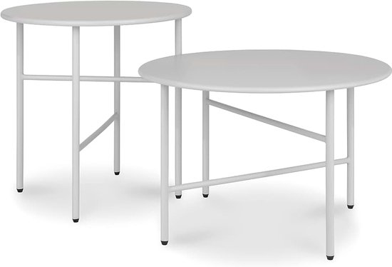 Set van 2 Ronde Bijzettafel Metaal Salontafel Binnen en Buiten Terras | Licht grijs verschillende hoogte en diameter krasbestendig stabiel lichtgewicht tuintafel balkon terras Stabiele Tafel Finn