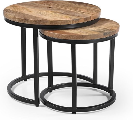 Set van 2 ronde salontafels, handgemaakte mangohouten plaat en ijzeren frame, natuurlijke afwerking, modern, industrieel minimalistisch design voor woonkamer, kantoor, 50 x 50 x 43, 40 x 40 x