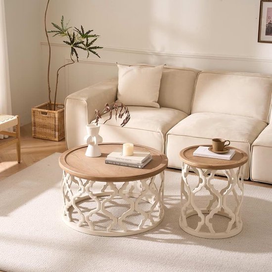 Set van 2 ronde salontafels met verhoogde rand, Frans design, antiek bruin, wit gebogen poten (2 montagesoorten), 2 maten (48/76 cm), veilig zonder hoeken, stabiel