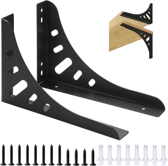 Set van 2 RVS L-vormige Planksteunen, 15 cm, Wandmontage, Hoeksteun voor Woonkamer en Slaapkamer, Zwart, Duurzaam en Modern Ontwerp