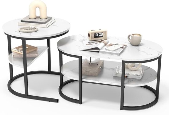 Set van 2 salontafels, ronde en ovale bijzettafel met opbergruimte, marmerlook, metalen frame, woonkamertafel, salontafel, koffietafel, wit en zwart