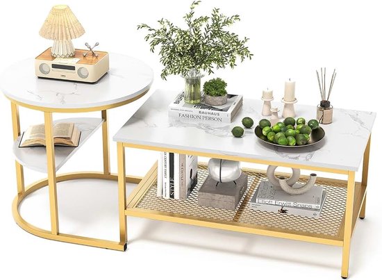 Set van 2 salontafels, ronde en rechthoekige bijzettafel met opbergruimte, marmerlook, metalen frame, woonkamertafel, salontafel, koffietafel, wit en goud