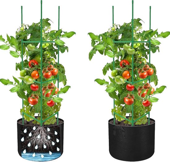 Set van 2 Tomatenklimsteunen met Plantenzak, Verstelbare Hoogte voor Klimplanten, Ondersteuning voor Tomaten, Komkommers en Bloemen in de Tuin
