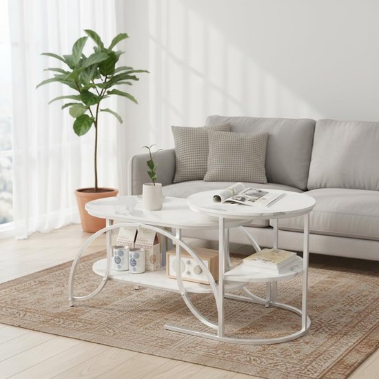 Set van 2 uitschuifbare salontafels, rond en ovaal, modern, stapelbaar, woonkamertafel met opbergruimte en marmeruitstraling, metalen onderstel, tafel, woonkamer, salontafel (zilveren poten + witte