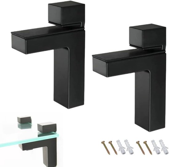 Set van 2 Verstelbare Glazen Plankhouders, Wandmontage voor 2-38mm Dikke Glazen en Houten Planken, F-Vorm, 98 x 75 mm (Zwart)