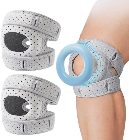 Set van 2 Verstelbare Kniebandages voor Mannen en Vrouwen met Antislip Strips en Vergrote Ring, Ideaal voor Hardlopers, Artrose en Knieblessures