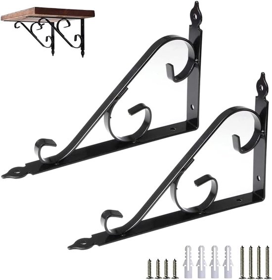 Set van 2 Vintage Driehoekige Planksteunen, Rechte Hoek Plankondersteuning, Decoratieve Wandplank Steunen voor Woonkamer en Keuken met Schroeven