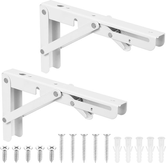 Set van 2 Vouwsteunen 200mm, Stevige Plankdragers voor Muurbevestiging, Ideaal voor Keuken en Kantoor, Vouwbare Planken en Tafels