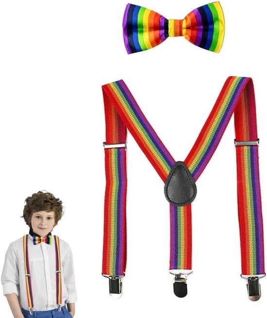 Set van 2 Y-vormige Steunen en Strikken met Metalen Clips, Verstelbare Strikken en Armwarmers voor Jongens en Meisjes, Feestelijke Kleurenset voor Kinderen