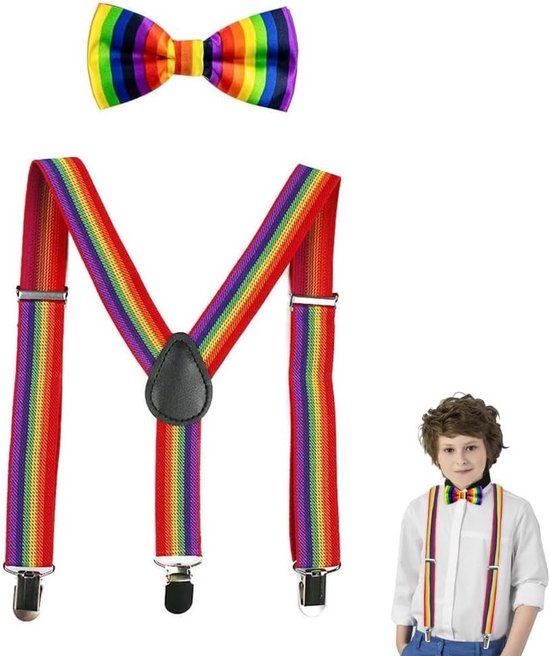 Set van 2 Y-vormige Steunen en Strikken met Metalen Clips, Verstelbare Strikken en Armwarmers voor Jongens en Meisjes, Feestelijke Kleurrijke Accessoires
