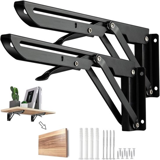 Set van 2 Zware Vouwbare Beugels 250 mm Zwart Metaal voor Planken en Tafelbladen, Draagvermogen 50 kg, Robuuste Wandbeugels voor Hoekoplossingen