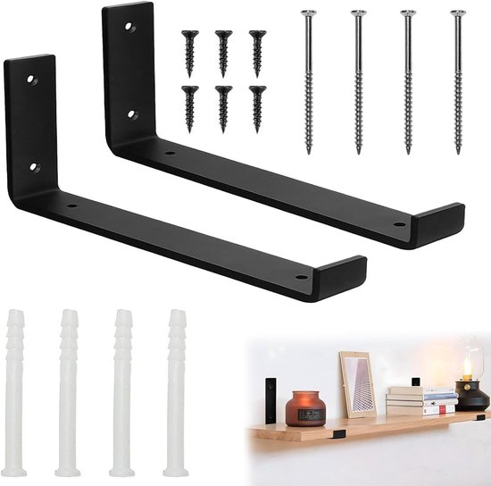 Set van 2 Zwarte 90 Graden Planksteunen, Sterke Hoeksteunen van 5 mm Dikke Staal, Ideaal voor Houten Planken en Meubels in Huis, Kantoor en Tuin