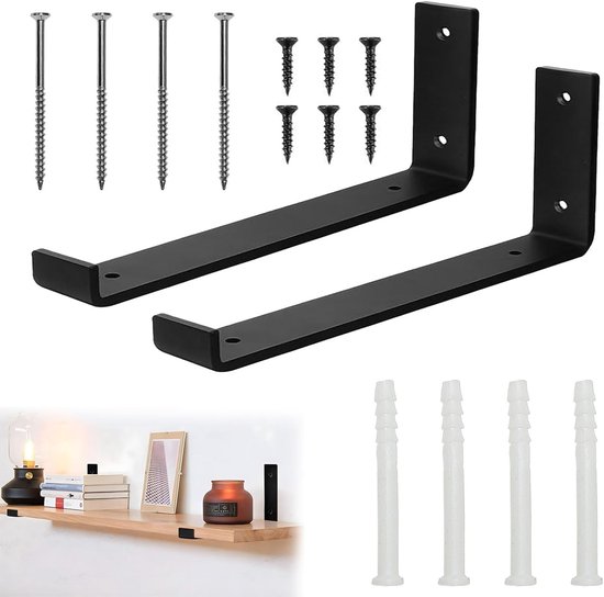 Set van 2 Zwarte 90 Graden Planksteunen, Sterke Hoeksteunen van 5 mm Dikke Staal, Ideaal voor Houten Planken en Meubels in Huis, Kantoor en Tuin