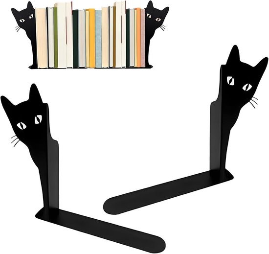 Set van 2 Zwarte Kat Boekensteunen, Stabiele Boekensteunen voor Thuis en Kantoor, Decoratieve Boekensteunen