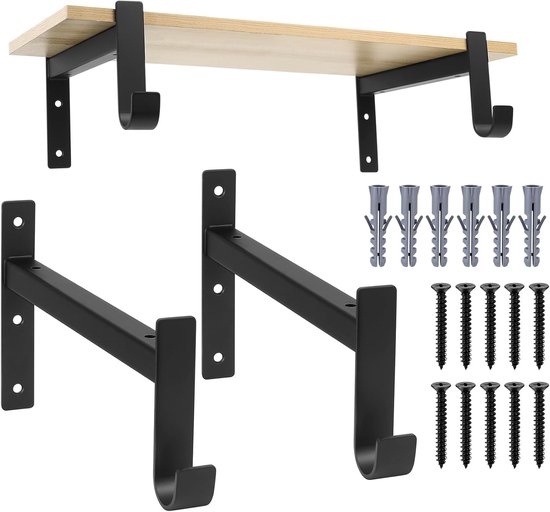 Set van 2 Zwarte Wandplank Beugels met Haakjes - Ideaal voor Hoekplanken en Wandmontage, 90 Graden Hoek, Stevige Planksteunen