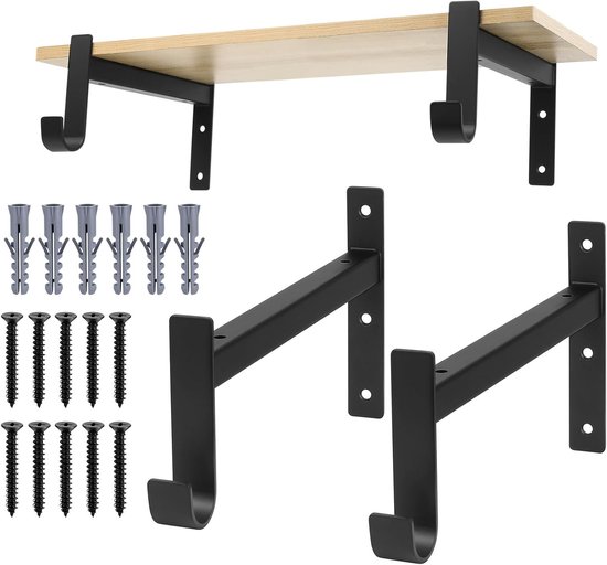 Set van 2 Zwarte Wandplank Steunen met Haakjes - Ideaal voor Hoekplanken en Muurmontage, 90 Graden, 255mm