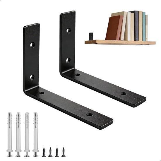 Set van 2 Zwevende Plankdragers - L-vormige Onzichtbare Steun voor Planken - Versterkte Stalen Constructie voor Kantoor, Keuken, Woonkamer en Badkamer - Zwart 145mm