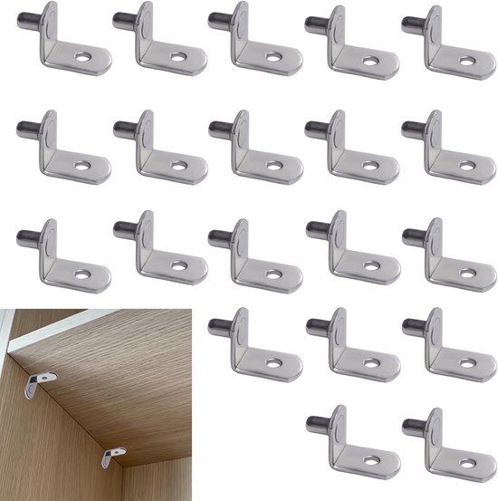 Set van 20 L-vormige Planksteunen, Insteek Plankhouders voor Meubels, Boekenkasten en Keukenkasten, Geschikt voor 5mm Plankdikte, Duurzaam Metaal in Zilver