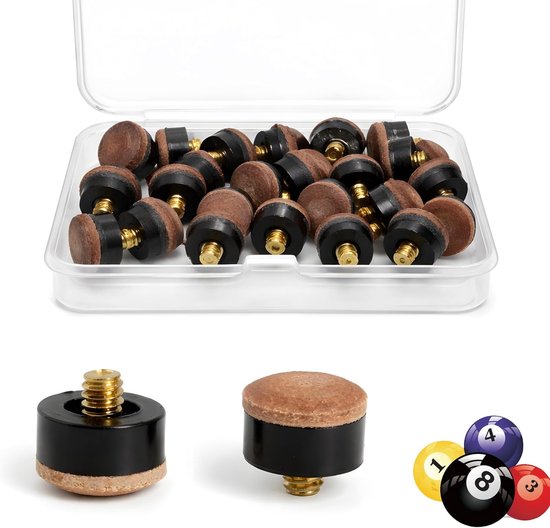 Set van 20 schroefbare biljartkeu-punten 12 mm en 13 mm met M8-schroefdraad - duurzame biljartaccessoires, lederen keu-punten, eenvoudig te vervangen, slijtvast en universeel geschikt voor diverse biljartkeuen