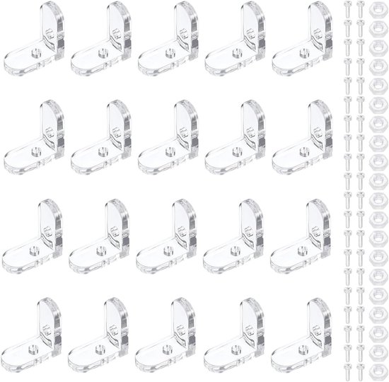 Set van 20 Transparante Hoeksteunen, L-Vormige Acrylaat Beugels voor Steunen van Planken, 90-Graden Hoekbeugels voor Meubels en Verbindingen