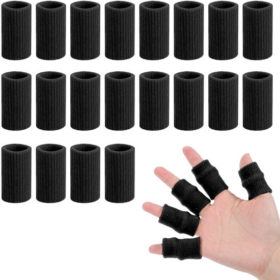 Set van 20 Vingerbeschermers, Nylon Elastische Vingerbandage voor Artritis en Sport, Pijnverlichting en Compressieondersteuning, Zwart en Duurzaam