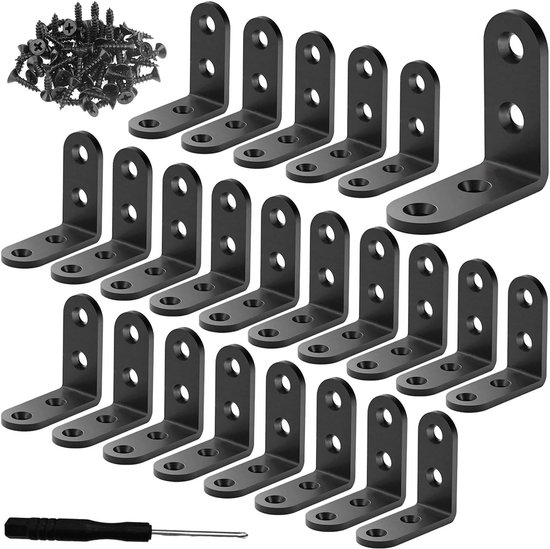 Set van 24 Hoekbeugels voor Hout, Verstevigingsbeugels van Gegalvaniseerd Staal voor Meubelreparatie, Planken en Tafels, Inclusief Schroeven en Montageaccessoires