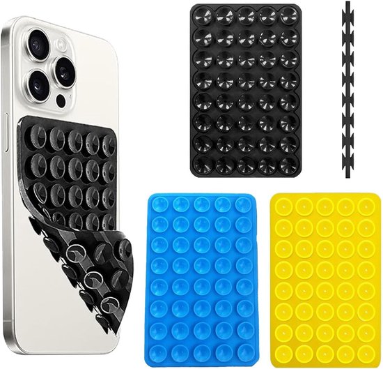 Set van 3 Dubbelzijdige Silicone Telefoonhouders met 80 Onafhankelijke Zuignappen - Handenvrije Steun voor Selfies en Video's in Zwart, Blauw en Geel